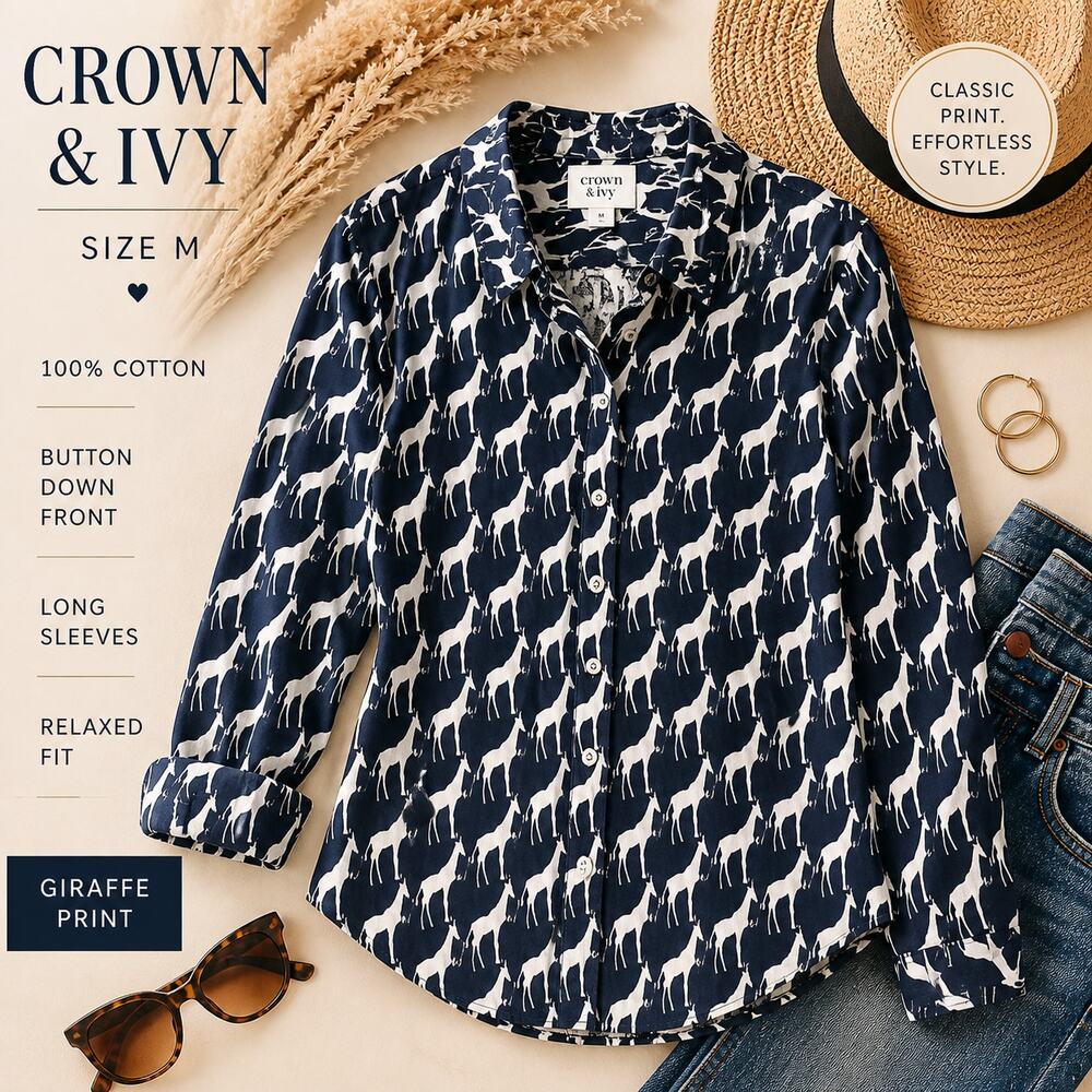 Crown & Ivy Giraffe Print Button Down Shirt Medium Navy White Safari Blouse